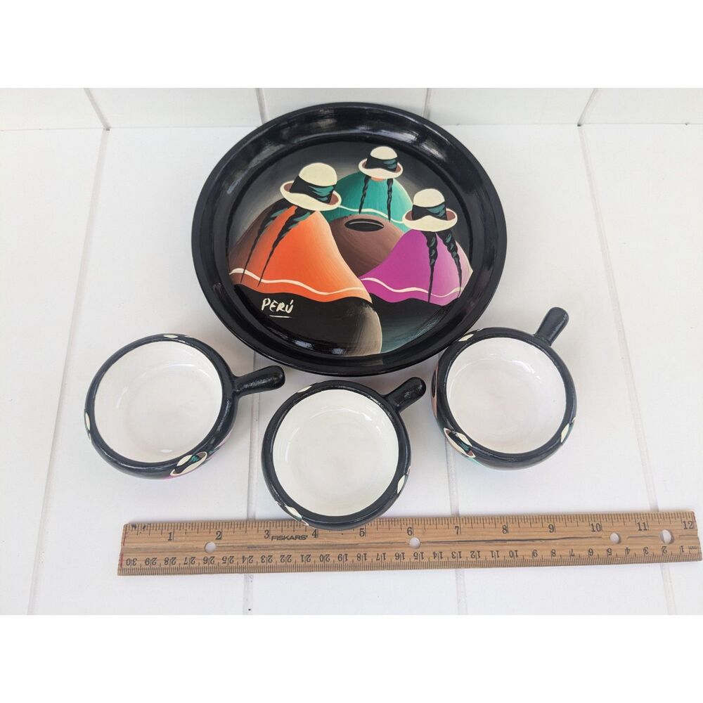 Beautiful Peruvian Las Cholitas Plate with 3 Mini Bowls, Condiment Caddy
